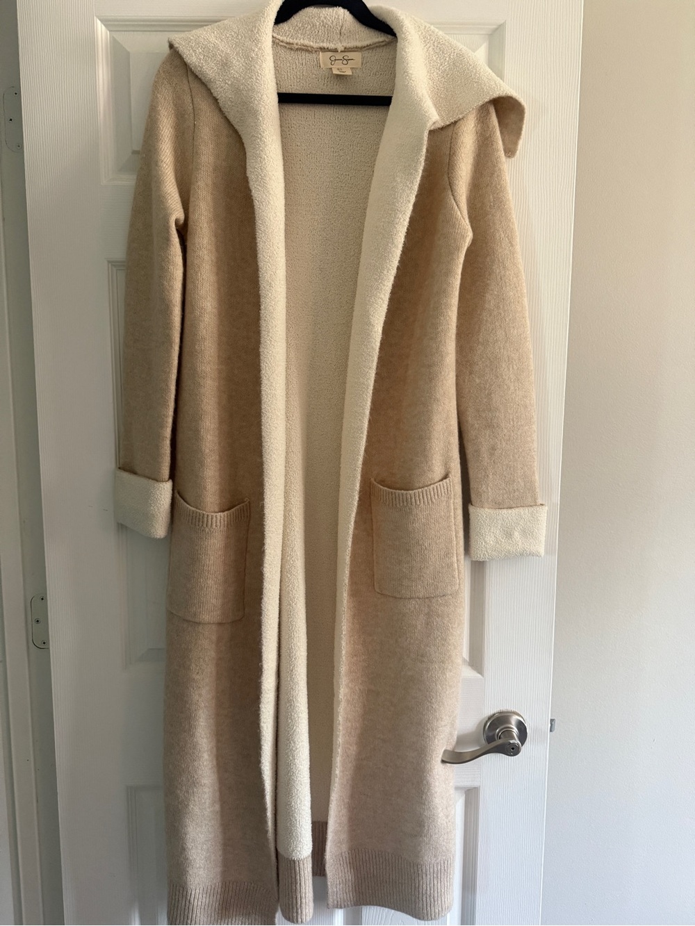 Jessica Simpson Cozy Two-Tone Hooded Long Cardigan Sweater - Cream/Tan